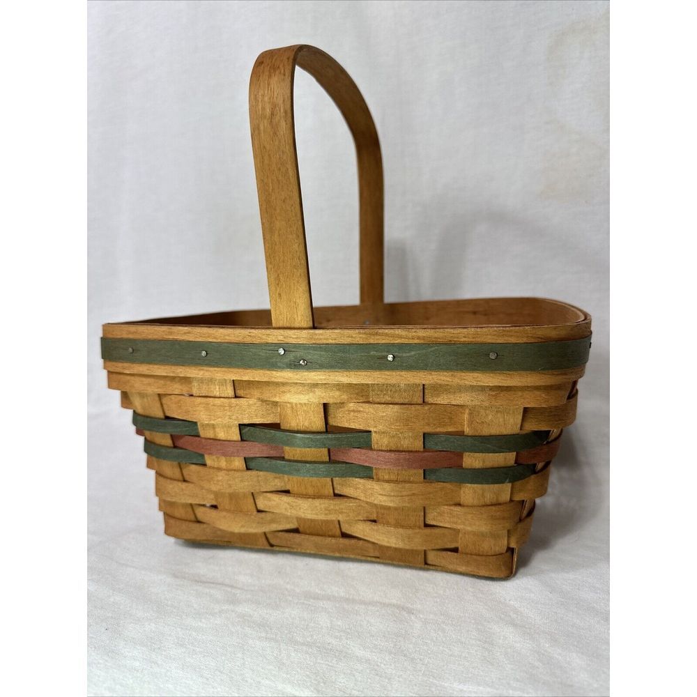 Longaberger Basket Medium with‎ Handle 1990 Signed Green and Red 11x11x8